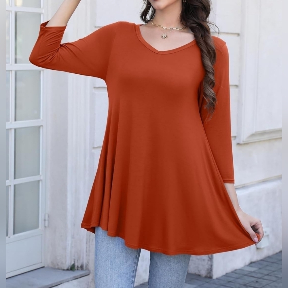 Women's 3/4 Sleeve Casual Flowy Loose Fit Swing Top Tunic, Orange, 3X